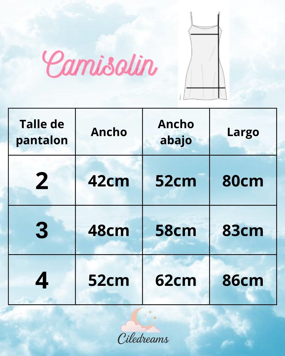 Tabla de talles para camisolines. Medidas de ancho, ancho abajo y largo para talles 2, 3 y 4.