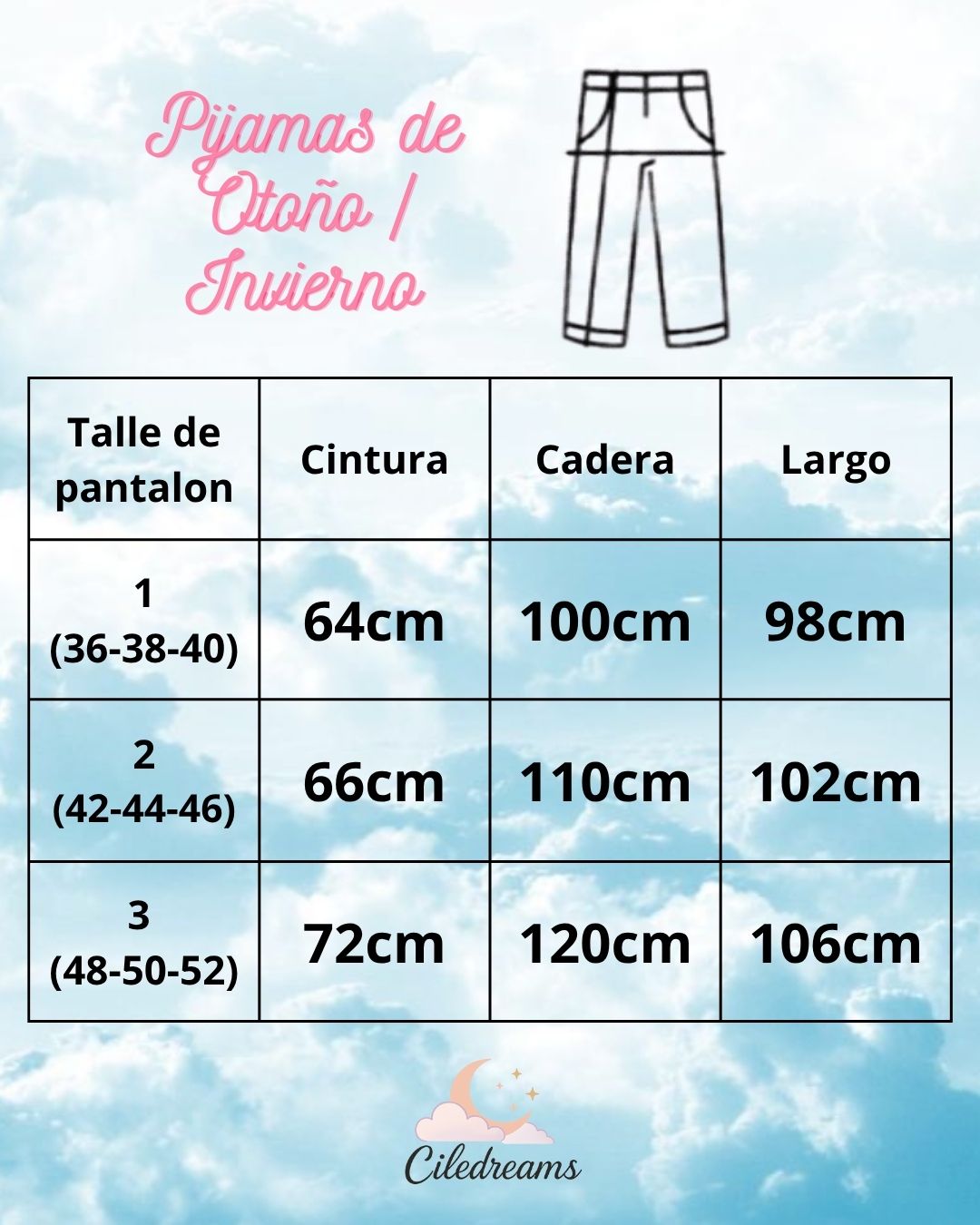 Tabla de talles para pantalones de pijama de invierno. Medidas de cintura, cadera y largo para talles 1, 2 y 3.