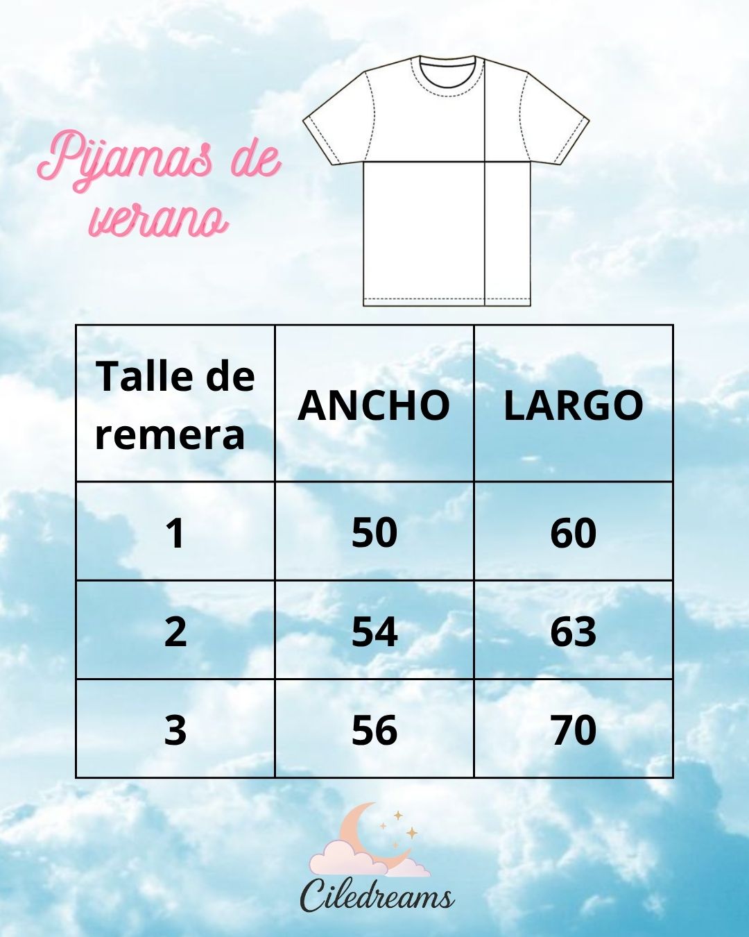 Tabla de talles para remeras de pijamas de verano. Medidas de ancho y largo para talles 1, 2 y 3.